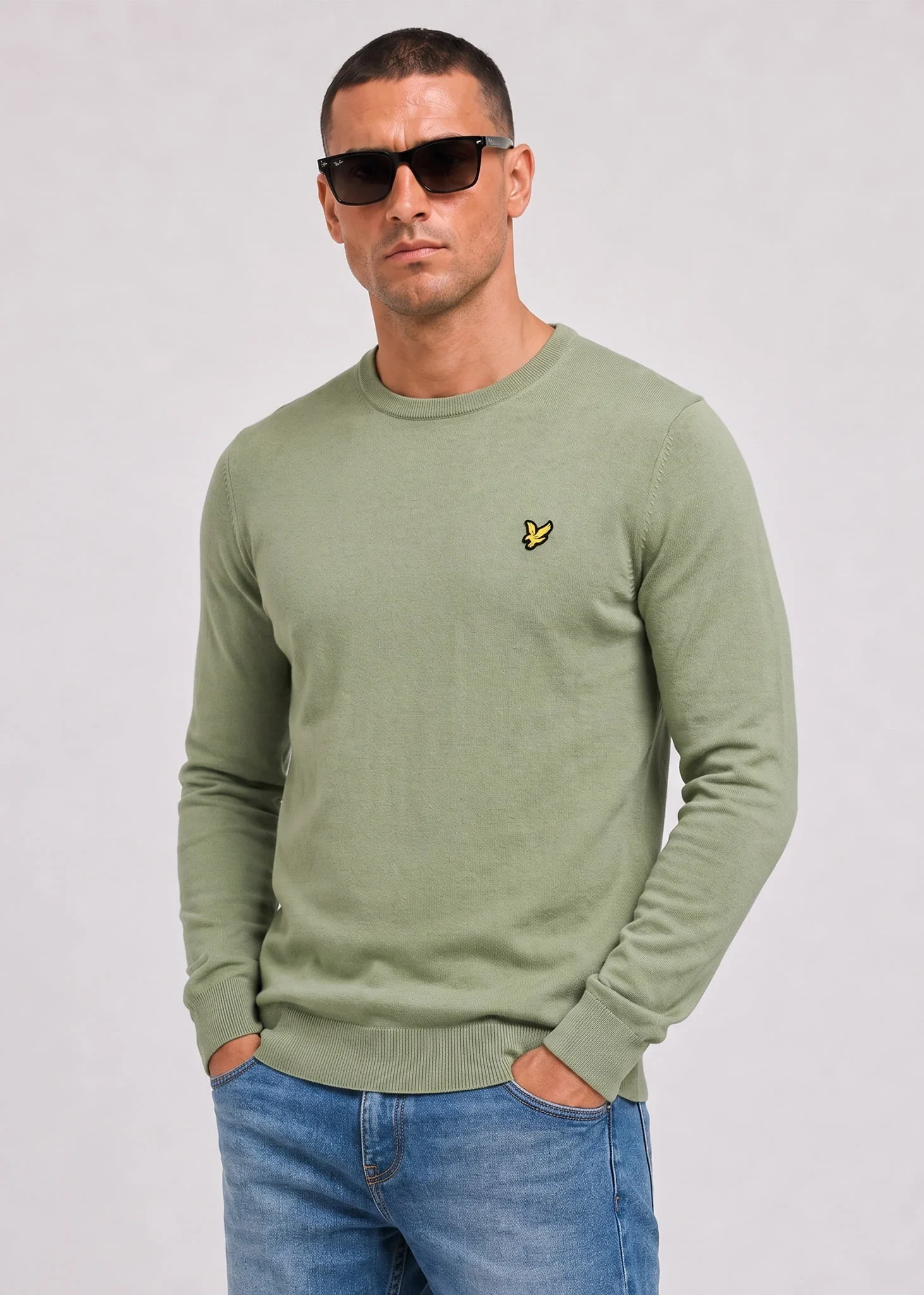 Cotton merino crew neck jumper - smoke olive
