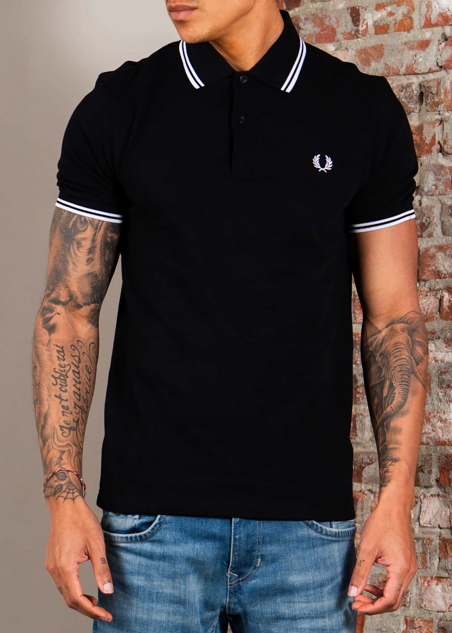 Twin tipped fred perry shirt - black white white