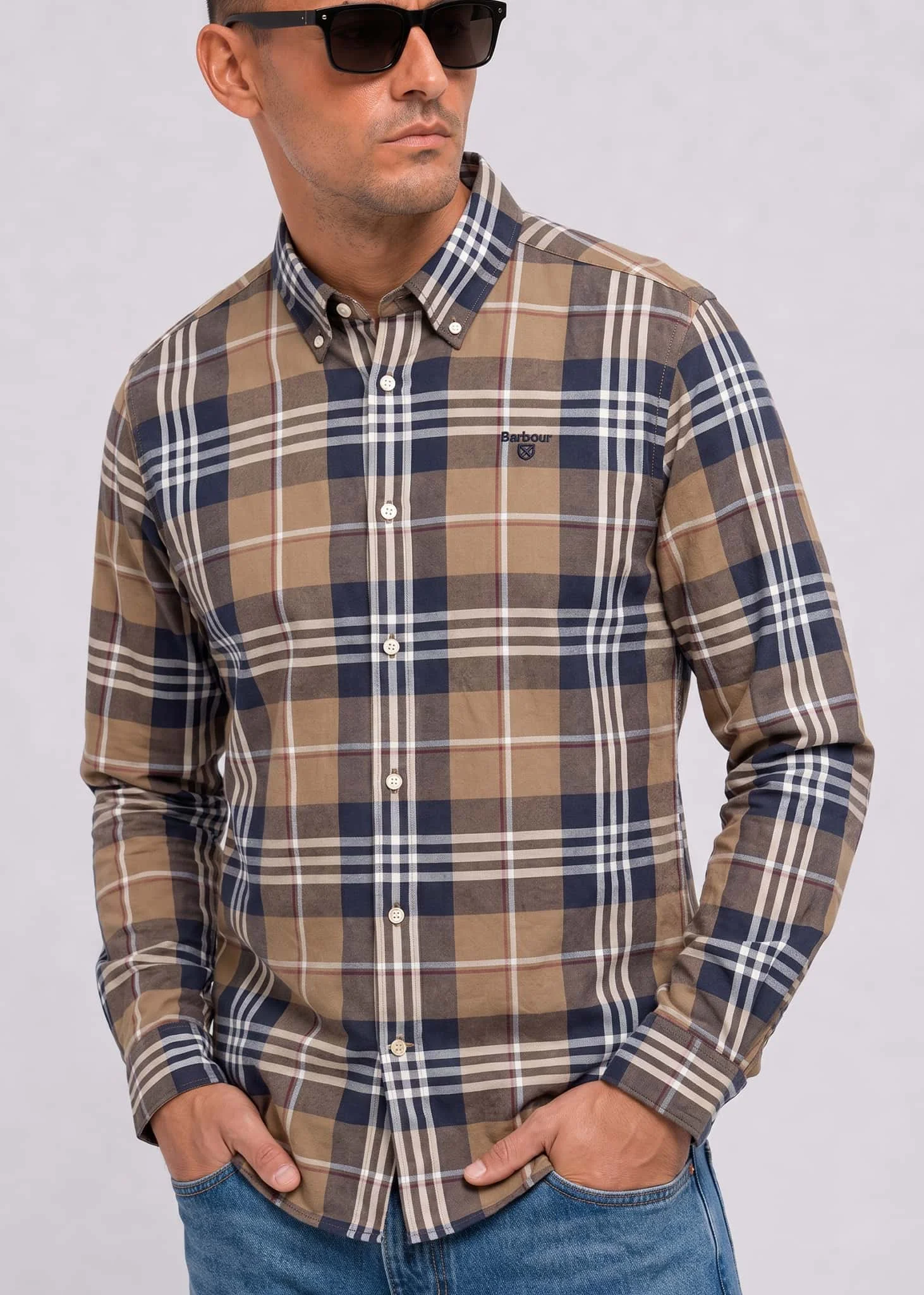 Barbour edger tailored checked shirt - stone