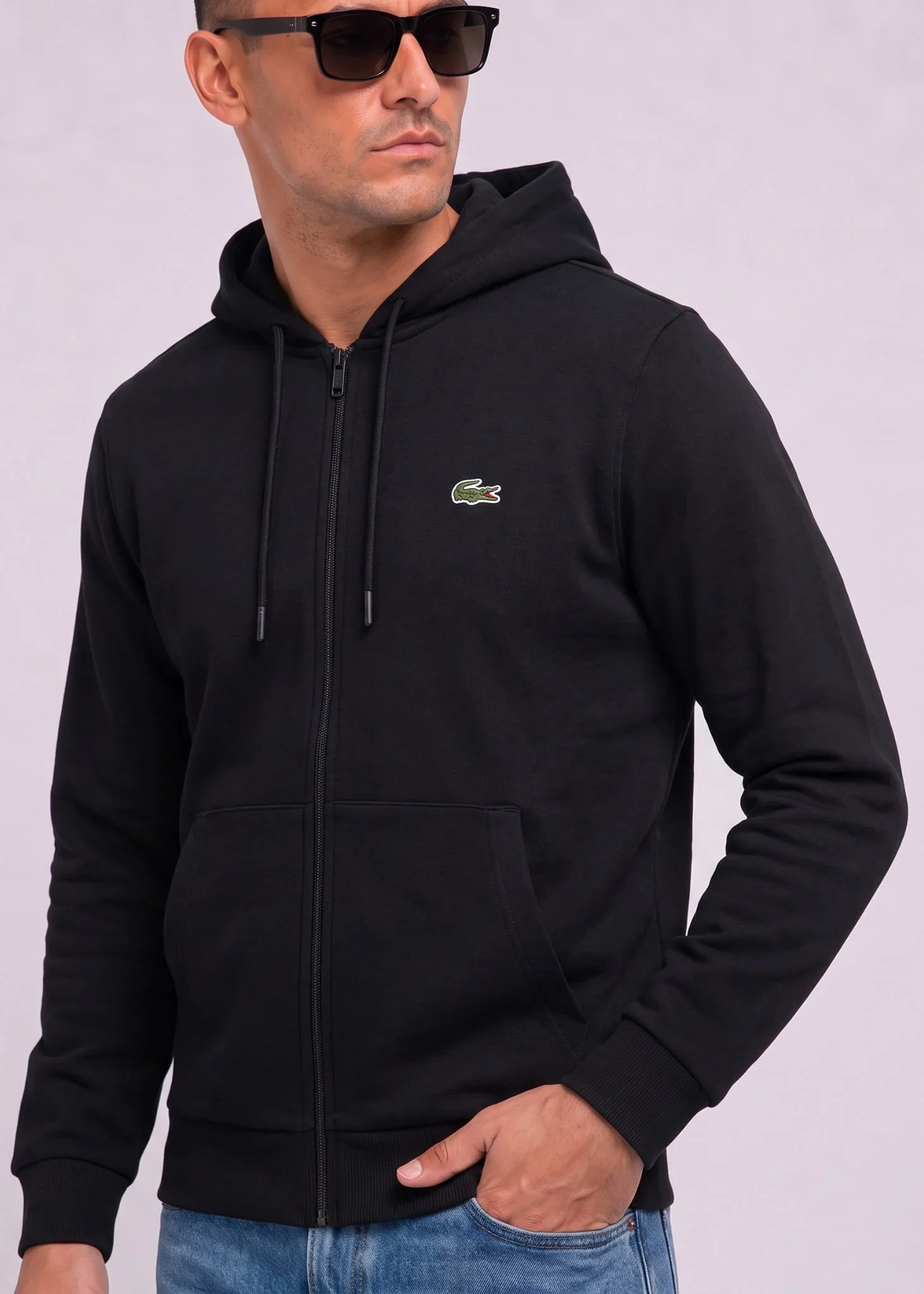 Fleece zipped front hoodie - black