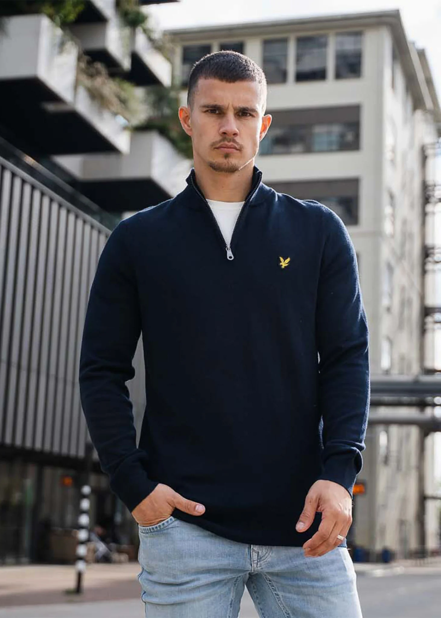Cotton merino quarter zip jumper - dark navy