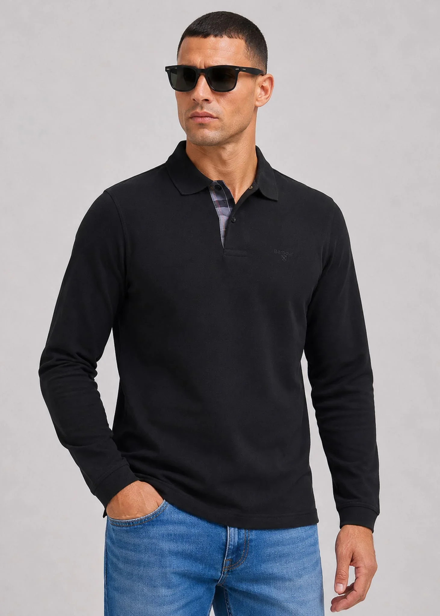 Barbour essential ls tartan pique polo shirt - black
