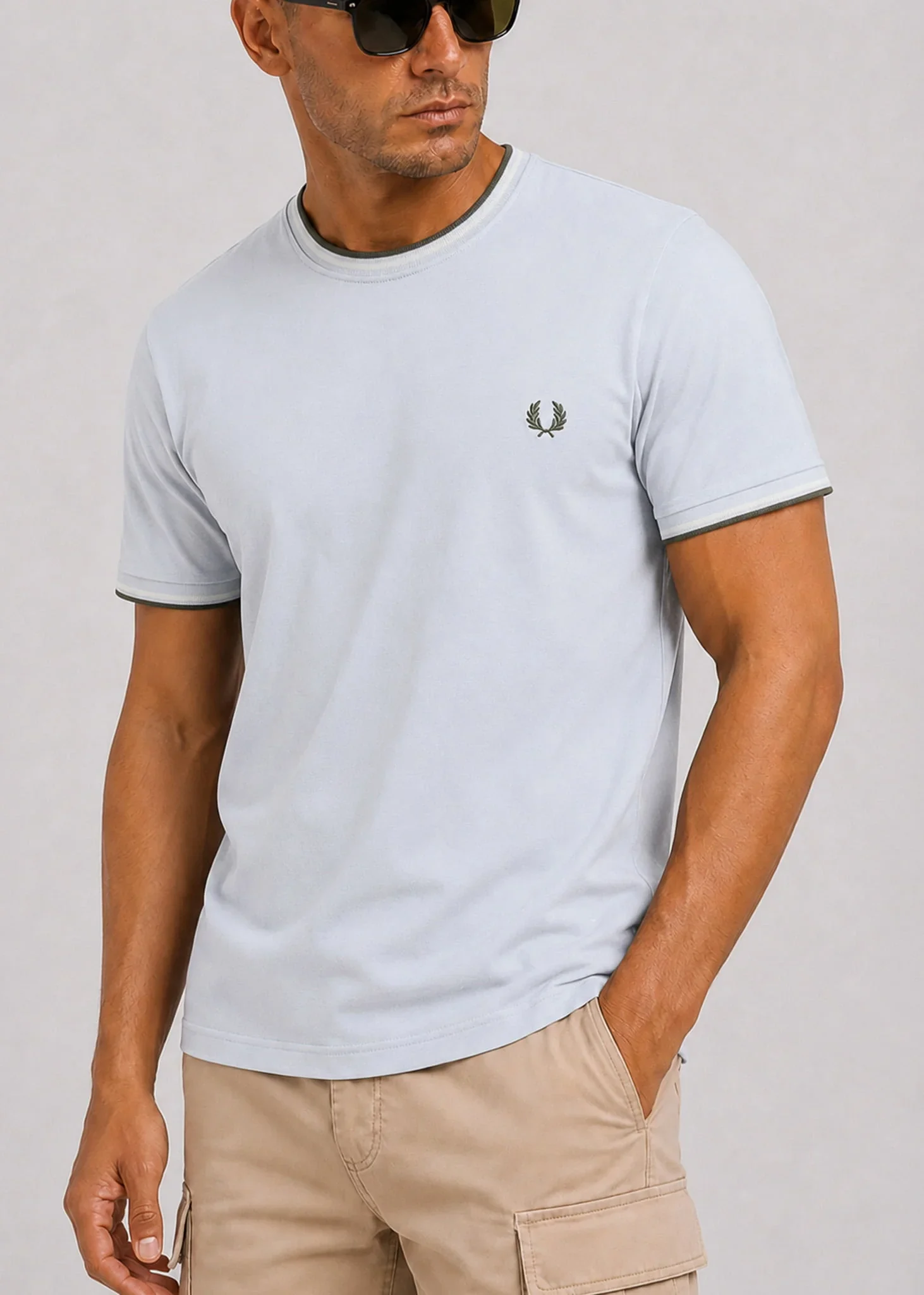 Twin tipped t-shirt - dusky blue ecru laurel wreath green