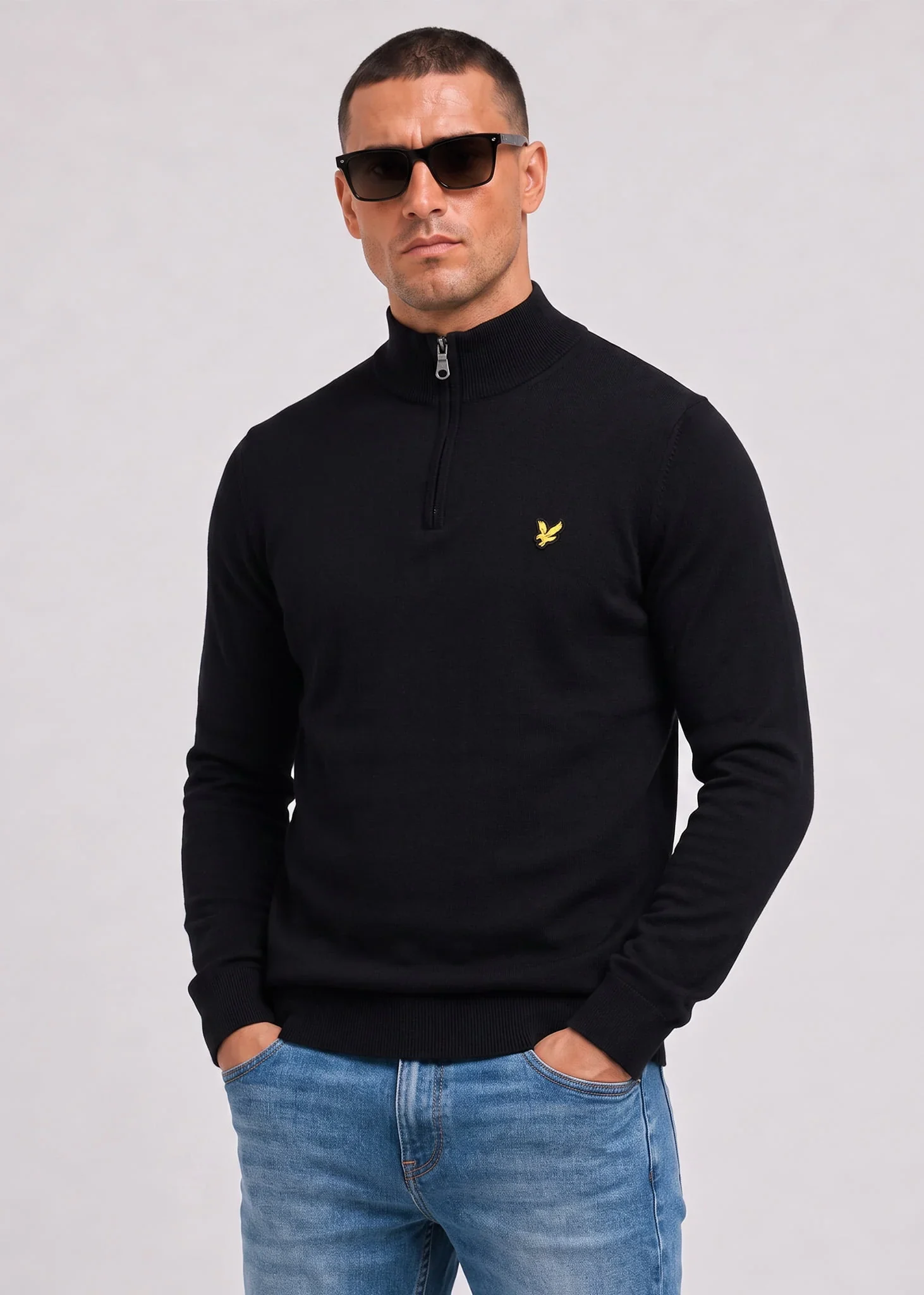 Cotton merino quarter zip jumper - jet black