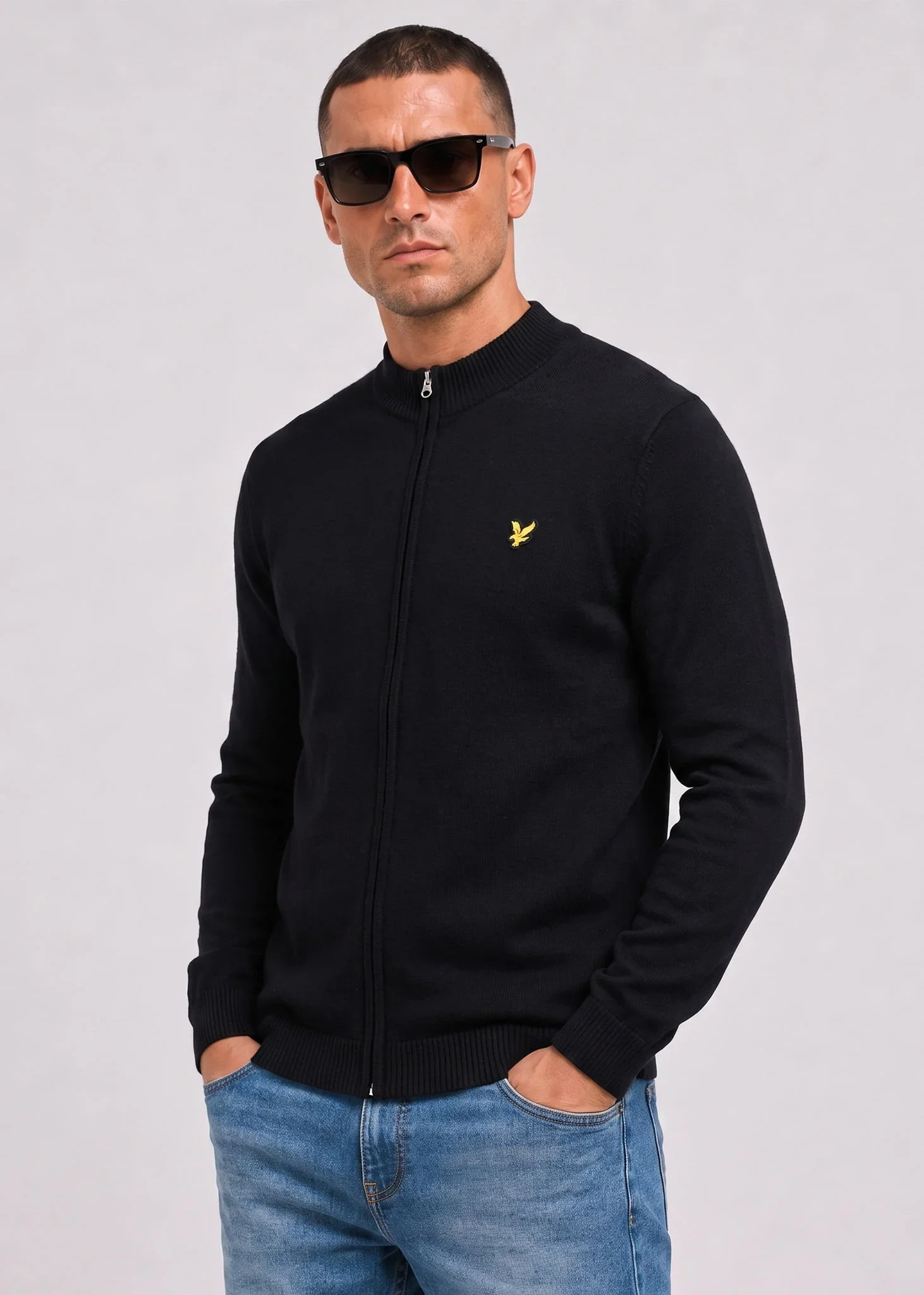 Relaxed cotton merino full zip jumper - jet black